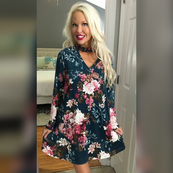 LAST 1! ❤️Teal and Fuchsia Floral Choker Dress! - Picture 2 of 3